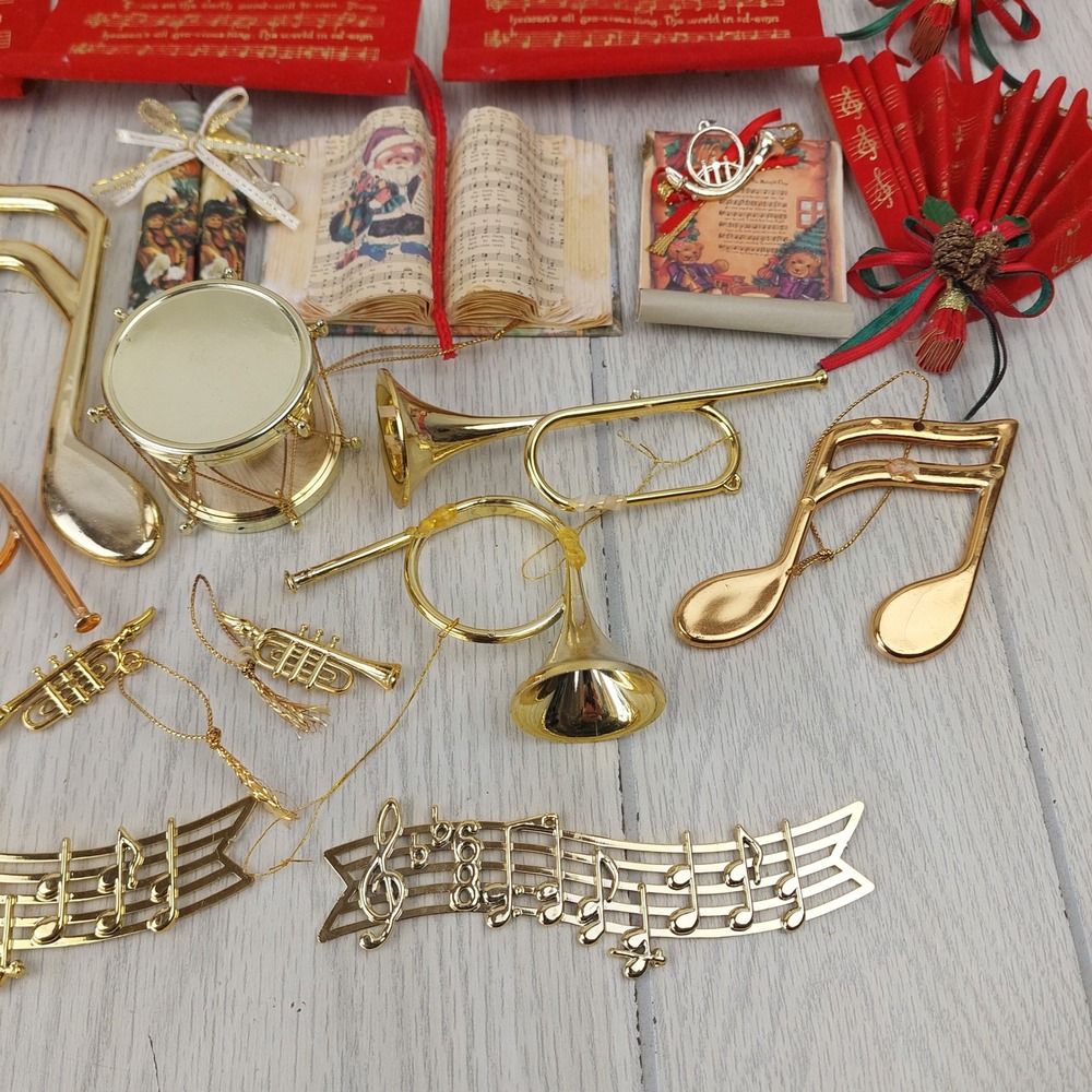 Vintage Musical Christmas Ornaments Gold Red Bows Music Symbols Instruments - Picture 6 of 6